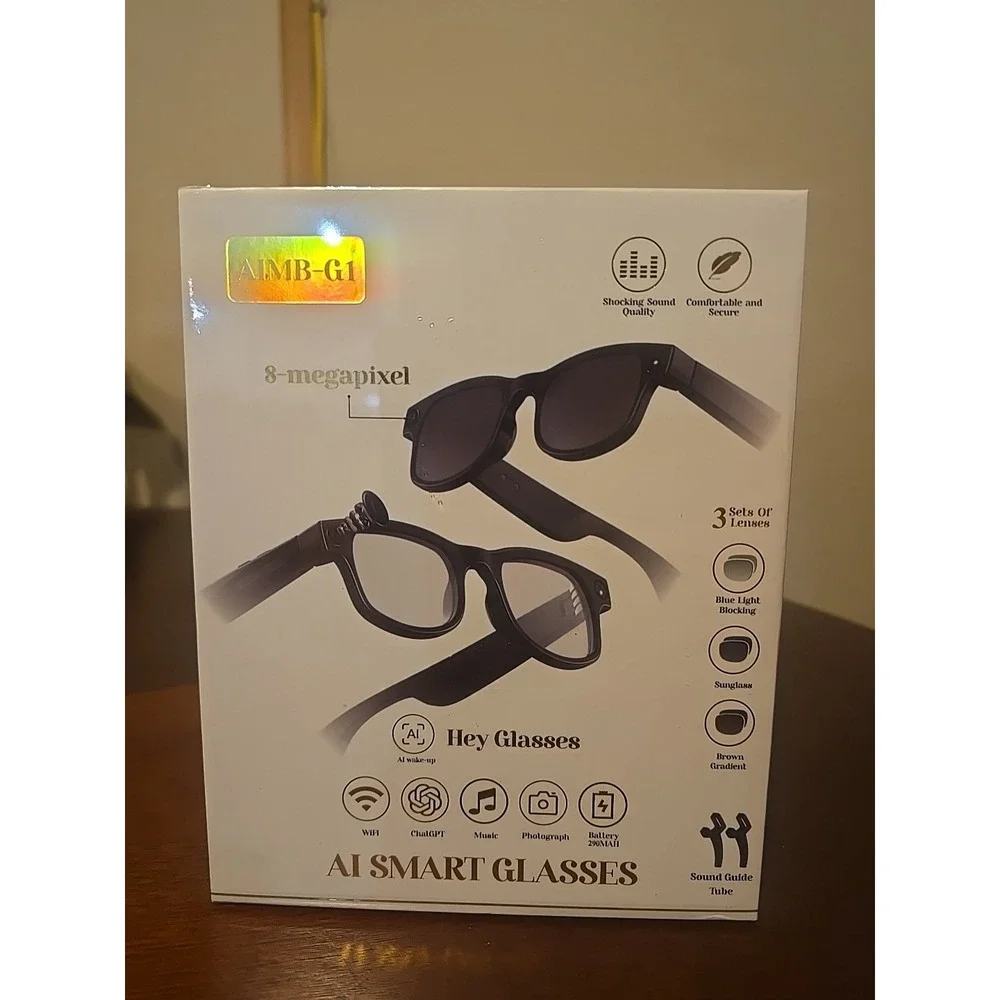 AiMB-G1 Bluetooth Voice‎ Control Smart Glasses W/8MP, 1080p Camera NIB-sealed